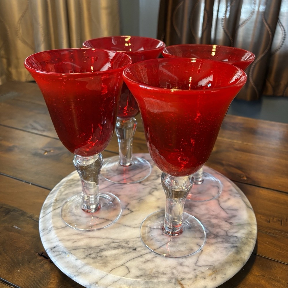 4pc VTG‎ Artisan Handblown Wine 8" Water Glass Goblet Red Clear Stem Glasses
